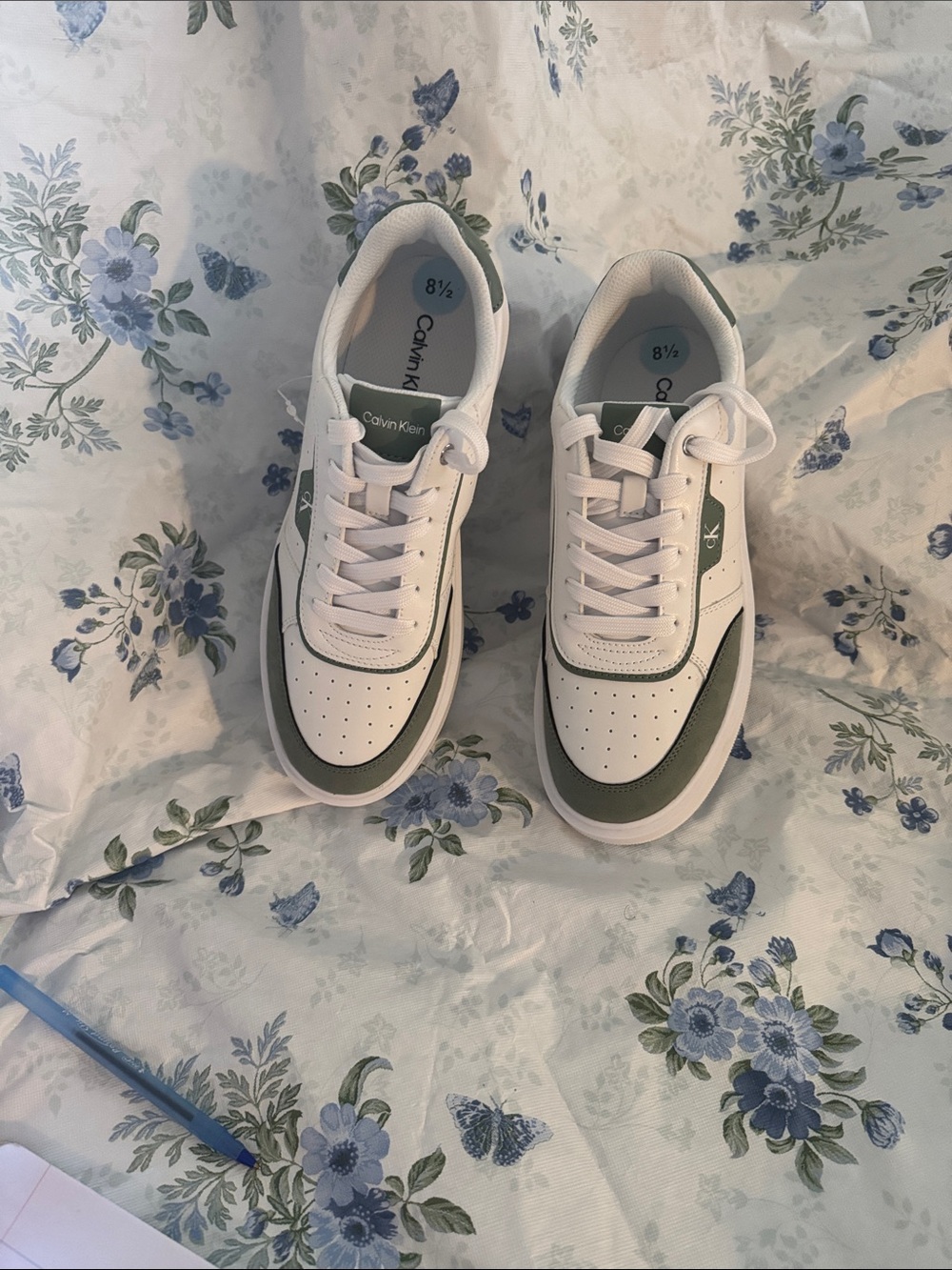 Calvin Klein White and Olive Green Women's Sneakers